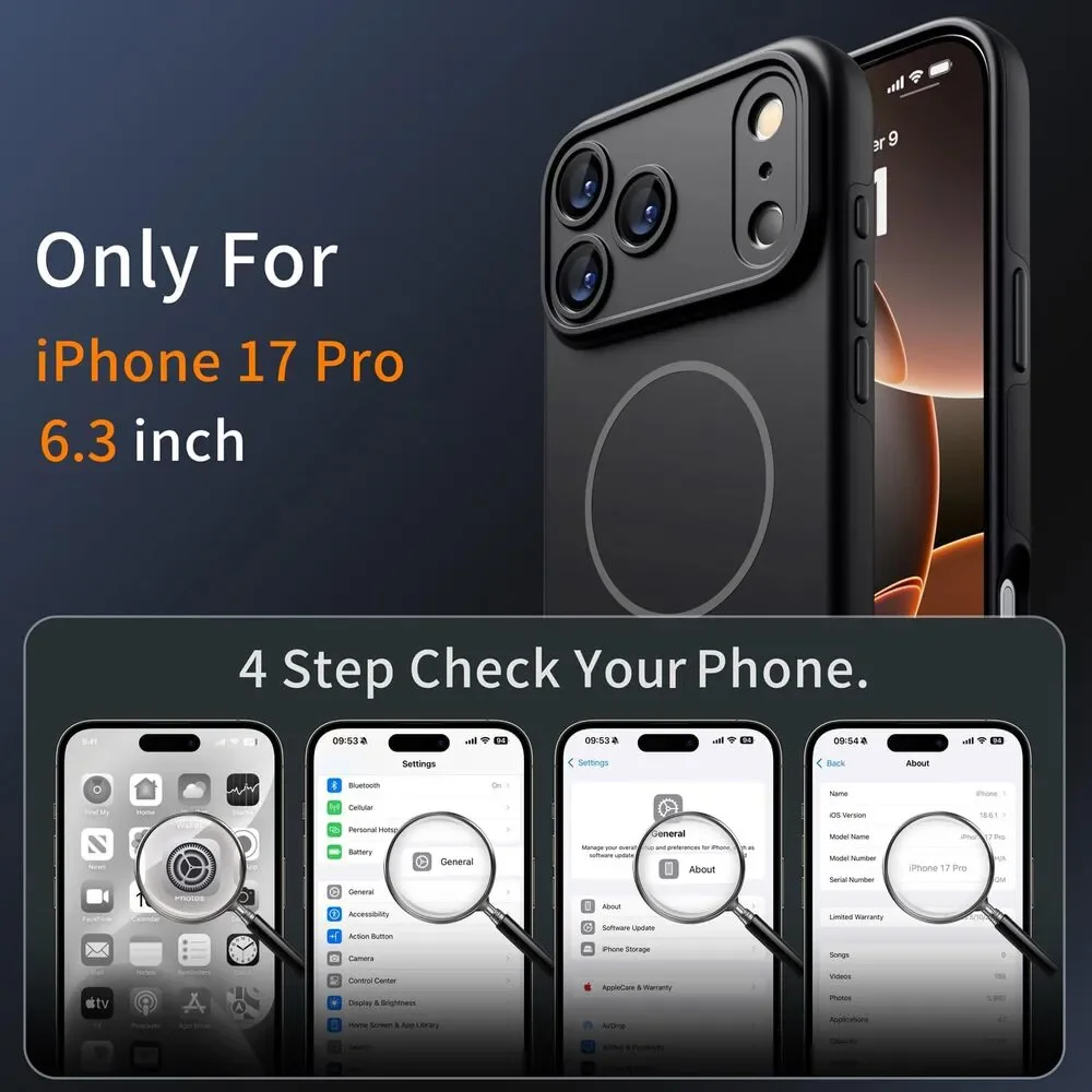 Phone 17 Pro Case MagSafe Matte Black Shockproof 360 Camera Lens Cover